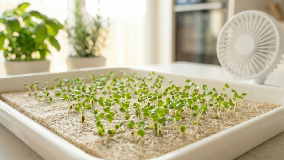 No soil means fewer bugs and little flies. Mold happens less when air moves right, leaves stay clean, kitchen feels fresher, growth stays healthy and controlled. 