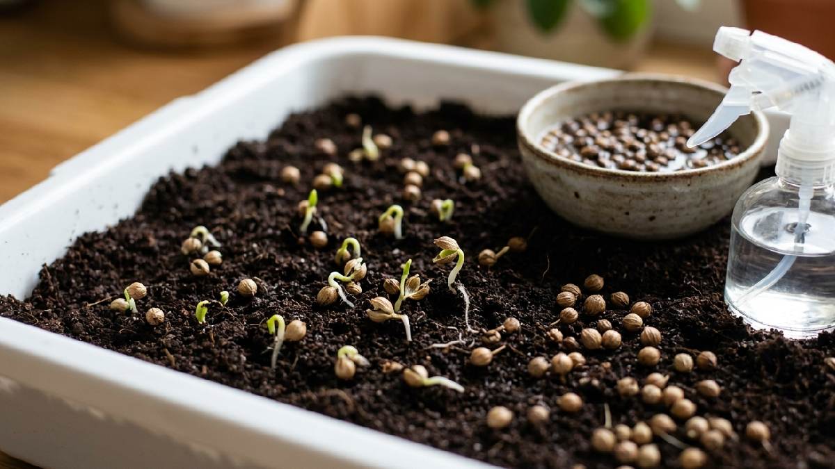 Cilantro seeds germinate slowly due to thick outer shell. Soak overnight, crush lightly, keep moisture balanced, cover tray for warmth, patience grows, sprouts arrive steadily later. 