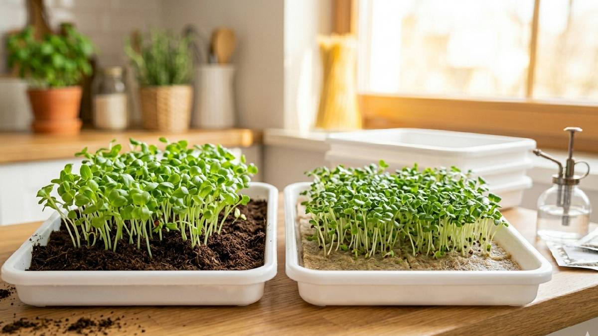 Soil feels natural, roots dig deep but gets messy. Soil free stays clean, mats light and easy. Both grow healthy greens, flavor stays almost same. 