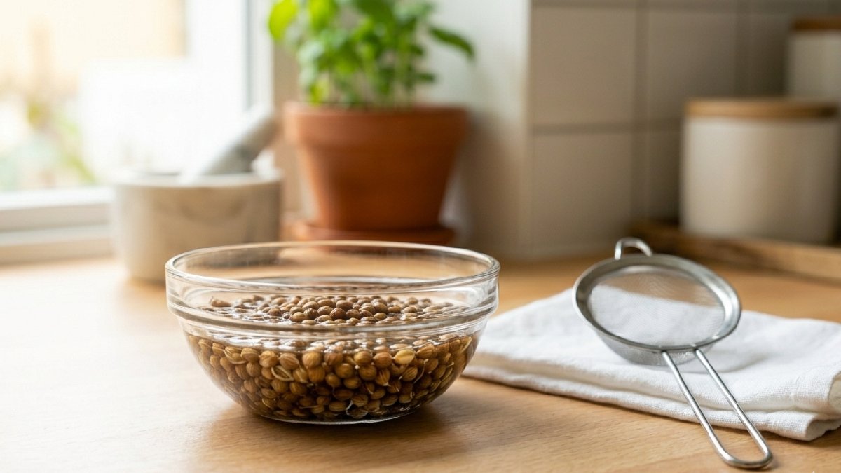 Start with fresh organic coriander seeds, rinse lightly, soak overnight, drain water properly. Seeds ready when slightly soft and clean, simple start, strong germination ahead. 