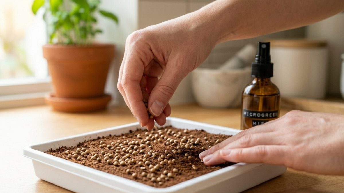Spread cocopeat evenly, sprinkle coriander seeds across the surface, no crowding. Press lightly into medium, mist gently after sowing, keep moist, not soggy, the growth journey begins right. 