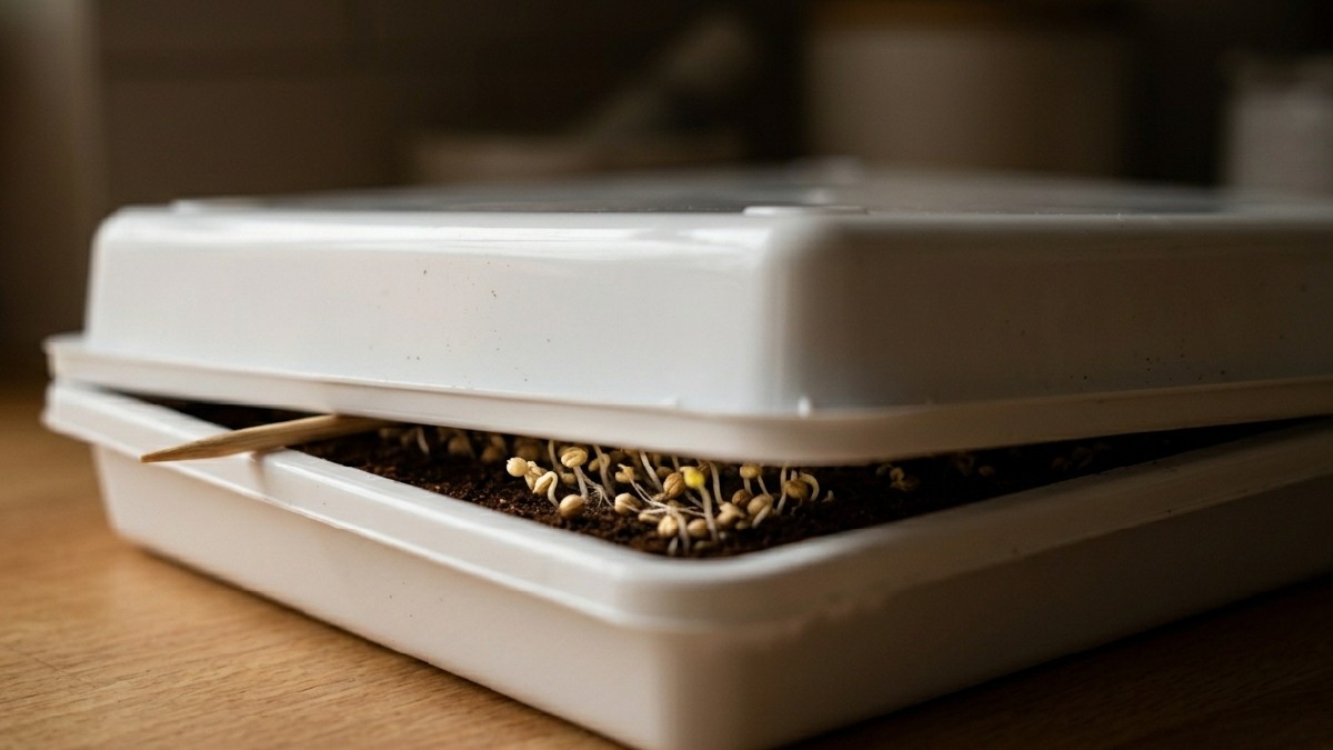 Cover tray after sowing, keep seeds dark warm and humid. Mist once or twice, leave calm 3 to 5 days, roots work quietly below. 