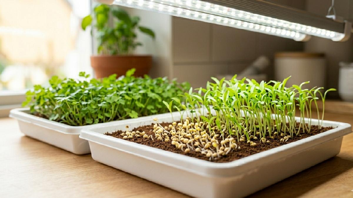 Remove cover once sprouts appear, place tray near bright window or LED light. Rotate tray sometimes, stems stand up, leaves open, daily growth becomes clearly visible. 