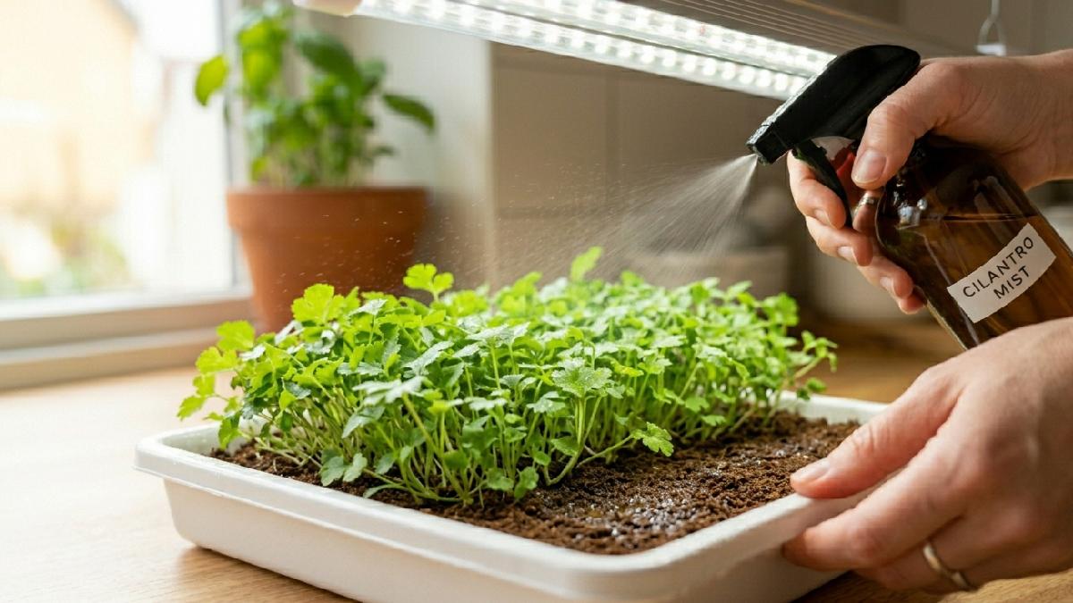 Use spray bottle, mist lightly, soil stays damp never soggy. Check daily, mist again if dry, steady rhythm keeps roots strong, mold stays away always. 