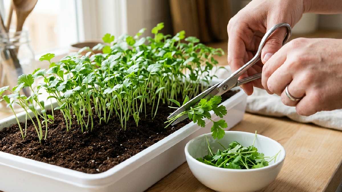Harvest cilantro microgreens at 7 to 14 days, cut just above soil with clean scissors, roots stay behind, flavor hits fresh citrusy and strong immediately. 