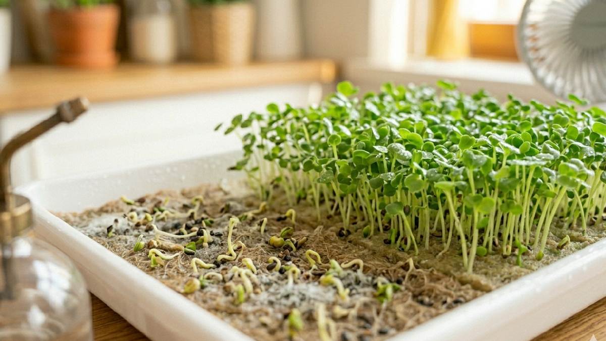 Seeds not spread evenly cause patchy uneven germination. Some areas too crowded, some almost empty. Spread seeds evenly next time, growth fills tray nicely and steadily. 