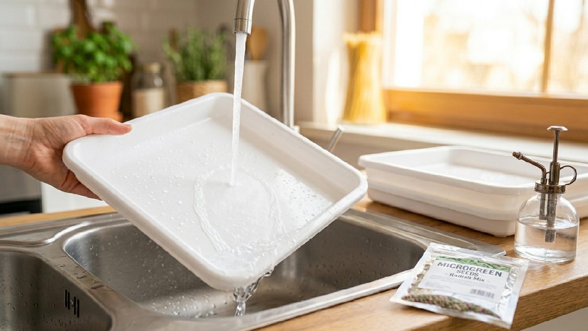 Reusing unwashed trays causes uneven weak growth and mold. Wash trays and spray bottle after every use, clean equipment makes seeds respond better always. 