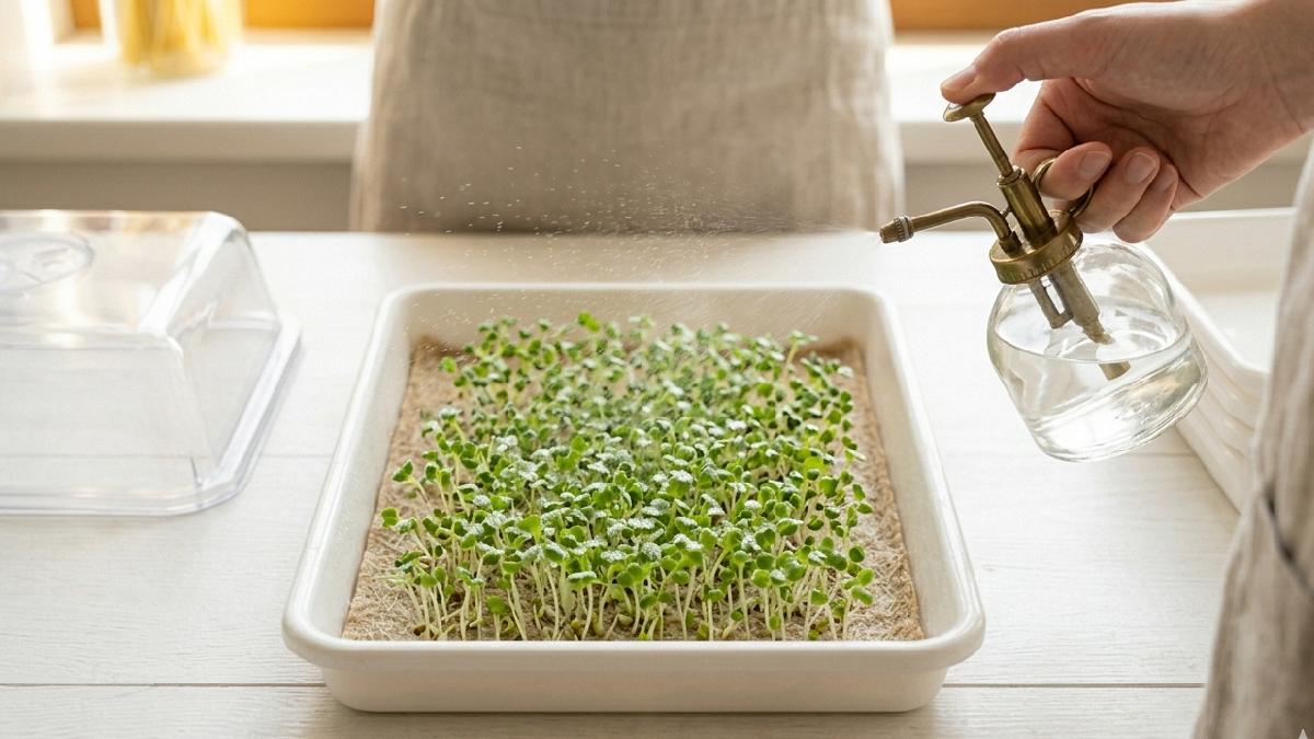 Spray bottle spreads mist softly, no flooding no dry spots. Shoots stay happy, roots never drown, mist lightly morning and evening, simple tool big difference daily. 