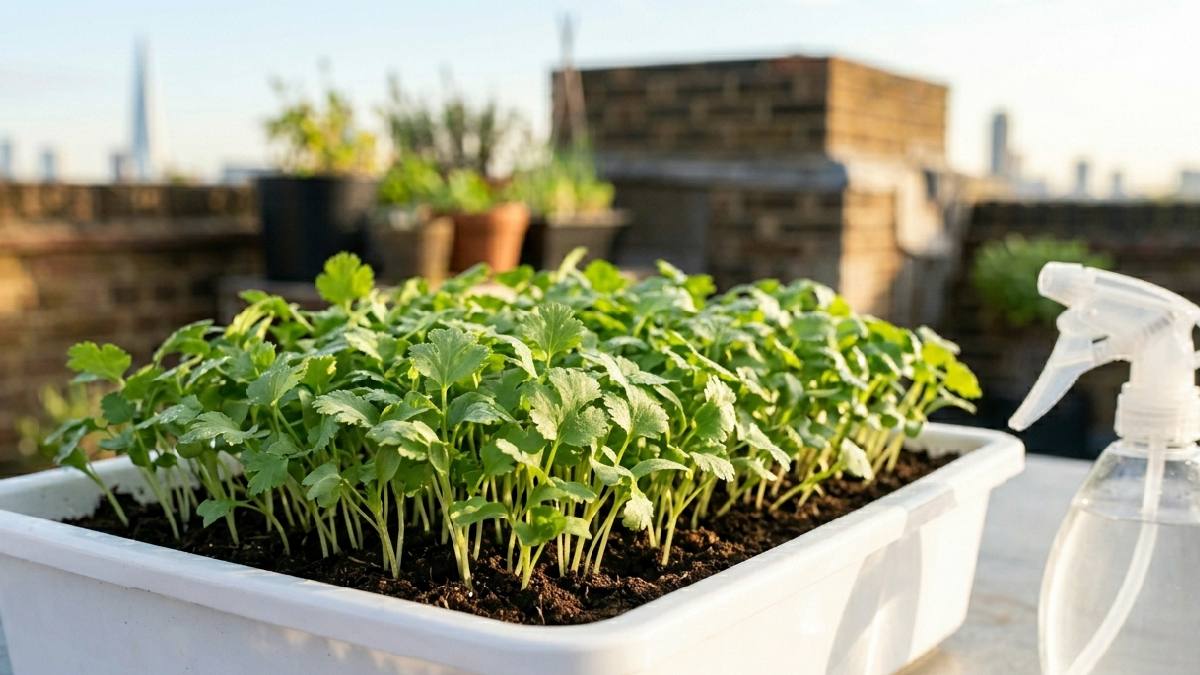 Cilantro microgreens are young plants harvested early, tiny soft stems, small green leaves, flavor strong fresh and citrusy. Grow in trays, perfect on salads soups and tacos.
