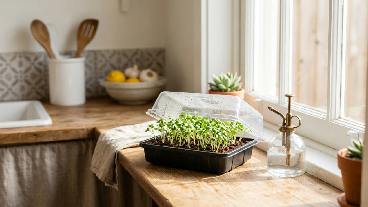 Beginner growing microgreens in a small tray indoors, tiny green shoots under sunlight, simple setup, easy process, fresh leaves, calm home environment.
