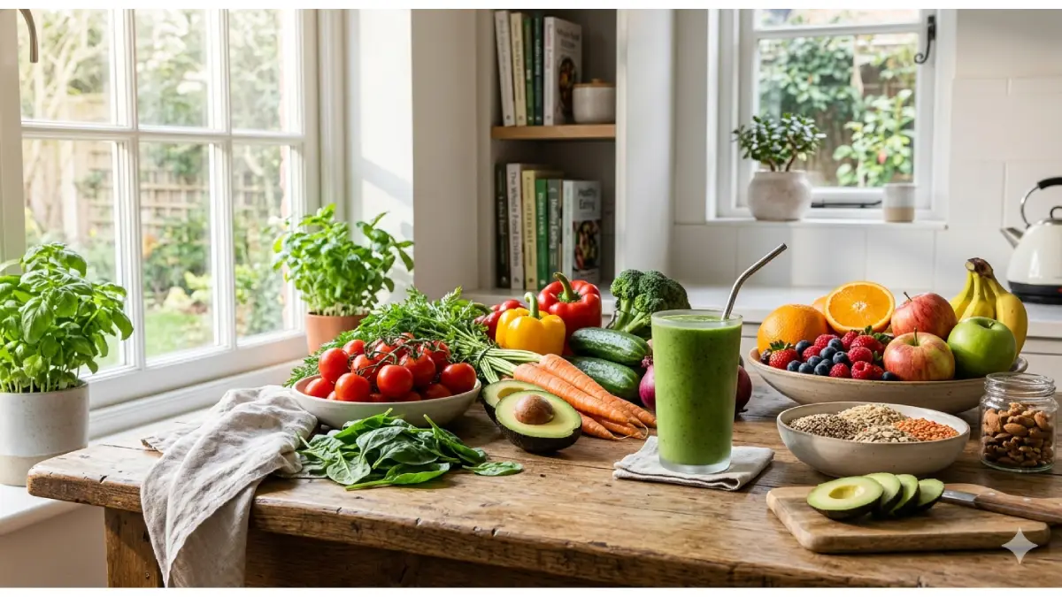 Fresh fruits, vegetables, and a green smoothie on a bright kitchen table.
