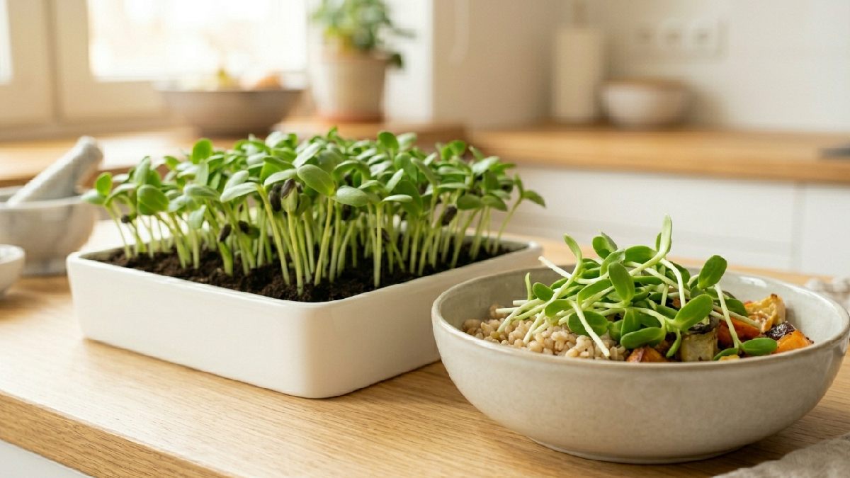 Sunflower microgreens feel crunchy, fresh and slightly nutty, not too strong. Packed with nutrition, easy to add to meals, homegrown stays alive and more flavorful. 