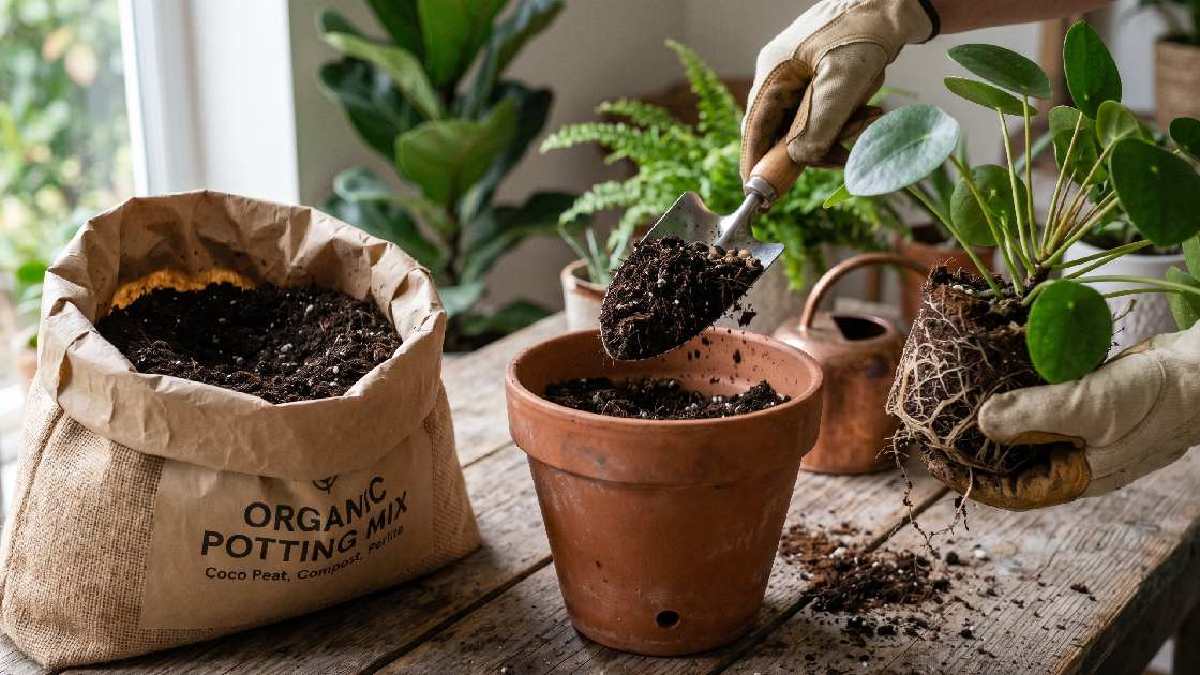 Rich dark potting soil being filled into a terracotta pot beside a soil bag and compost mix for healthy indoor plants. 