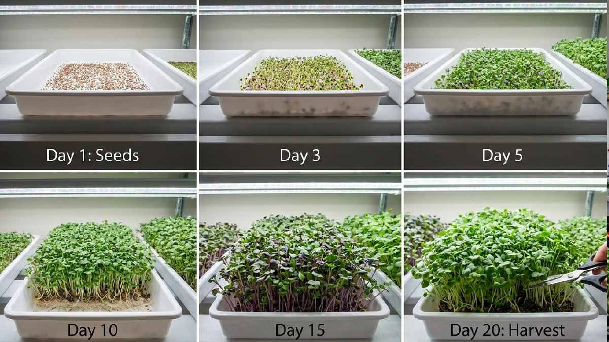 Growth timeline of hydroponic microgreens from seed to harvest