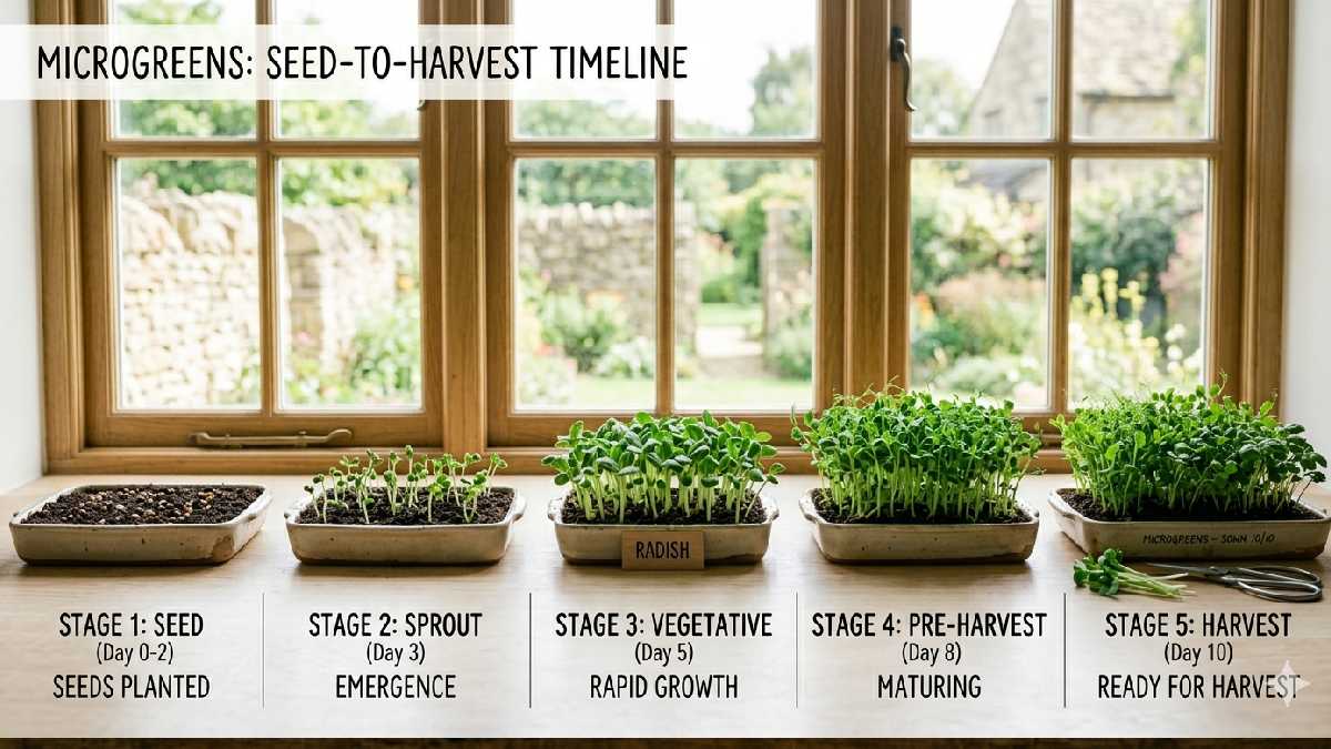Growth stages of microgreens from seeds to harvest over time