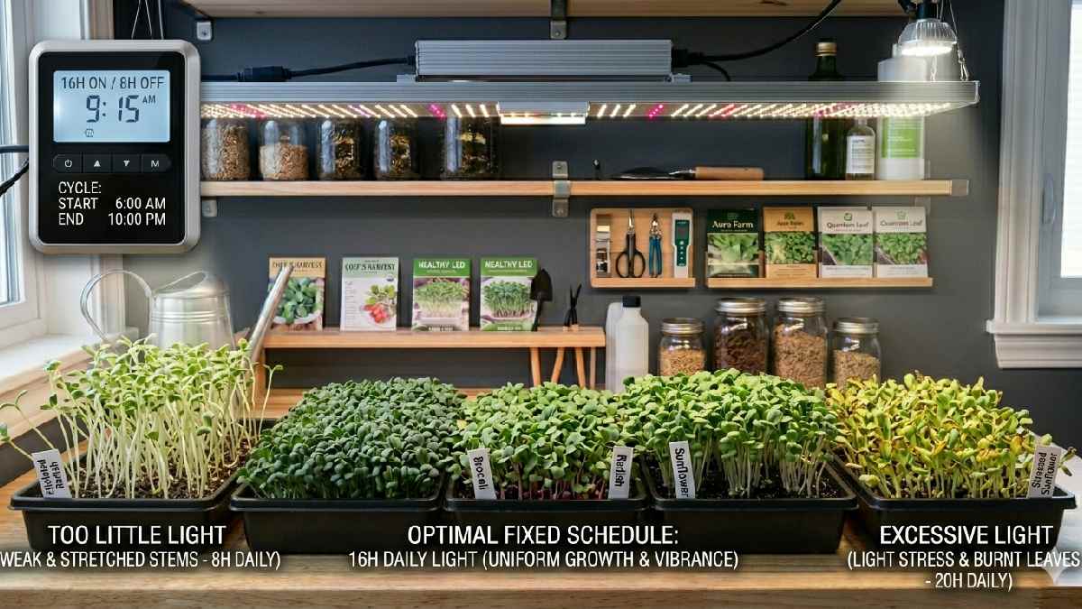 Microgreens need consistent daily light hours for compact, healthy growth, avoiding weak stems, stressed leaves, and uneven development.