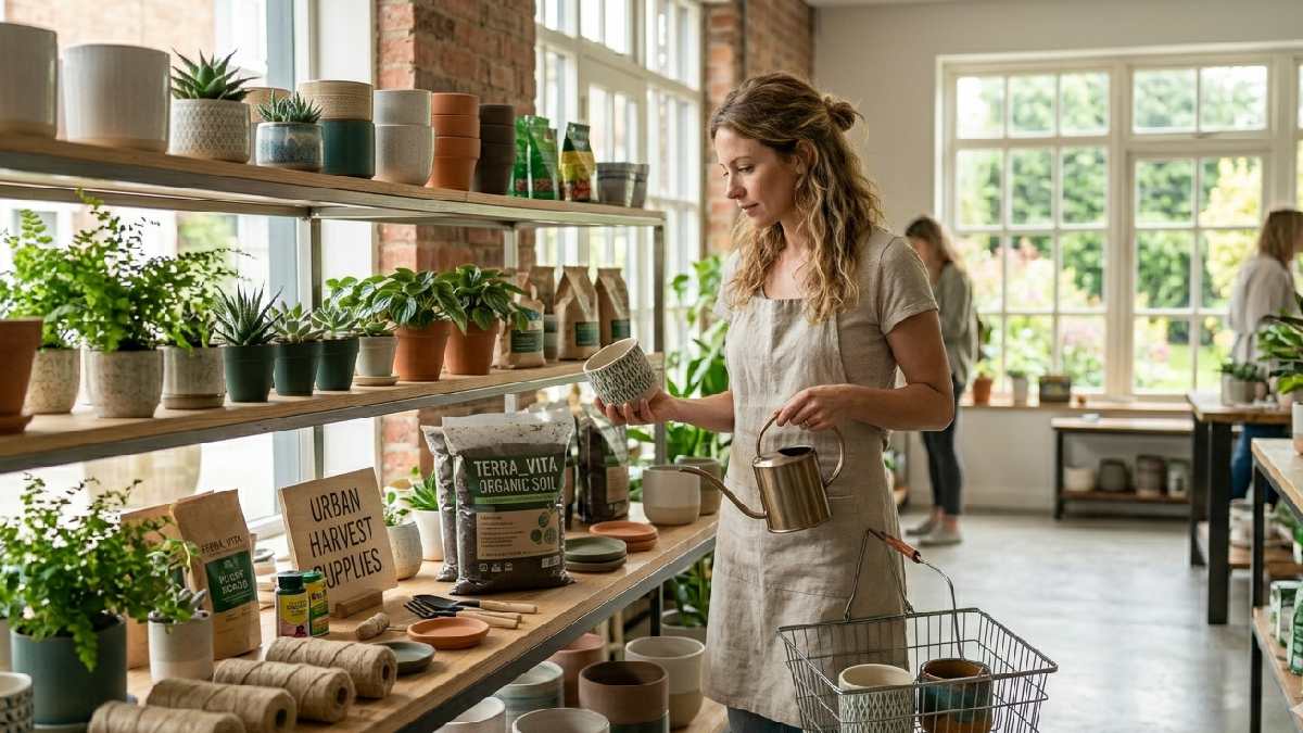 A person carefully selecting pots, soil, and watering can from an organized garden supply shelf for a smart indoor setup. 