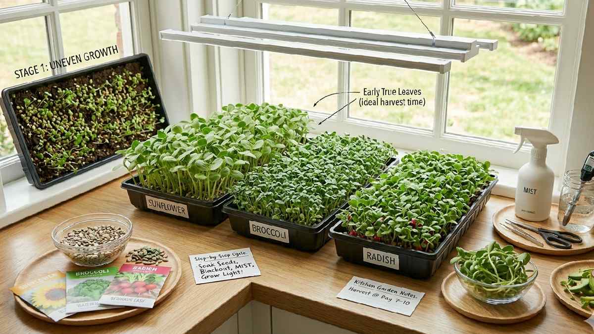 Grow microgreens indoors using simple steps seeds light water and routine small space steady care gives fast healthy green harvest.