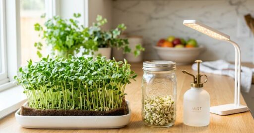Learn how to grow sprouts and microgreens at home. Simple jar for sprouts, tray and mat for microgreens, fresh food ready in days.