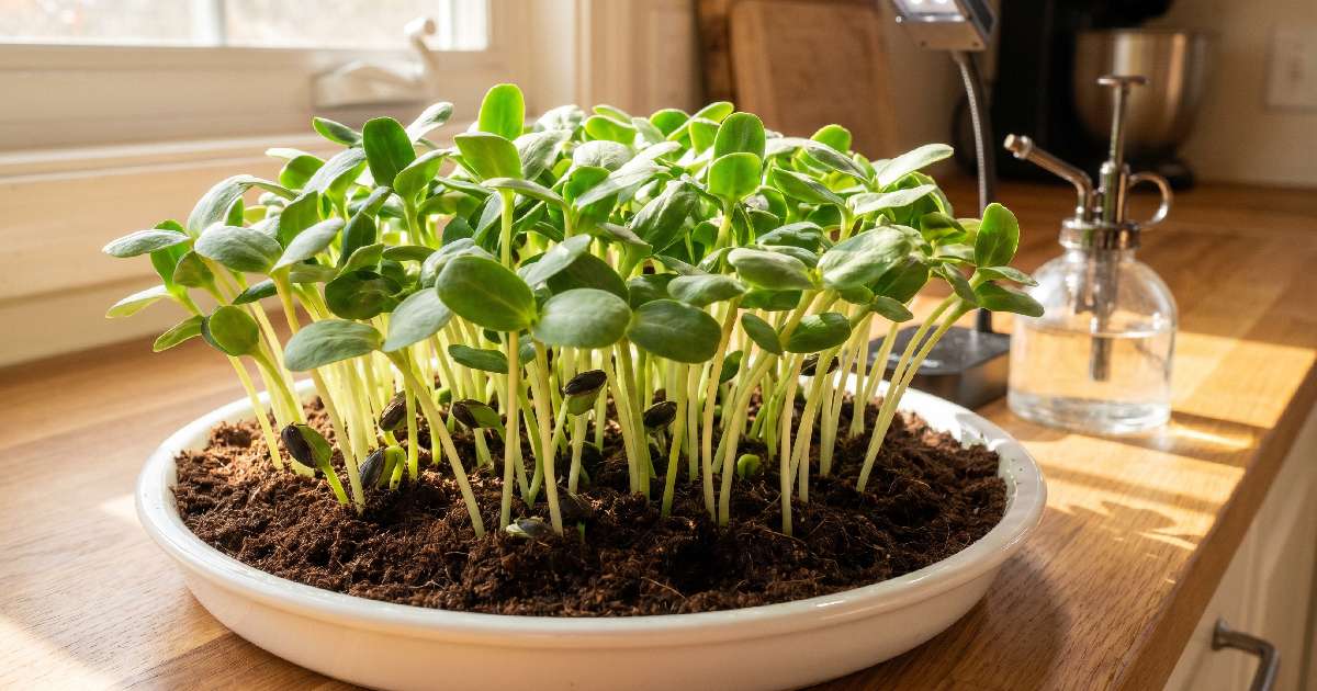 Learn how to grow sunflower microgreens at home in simple steps. Soak seeds, spread evenly, give light, harvest in 7 to 10 days fresh.