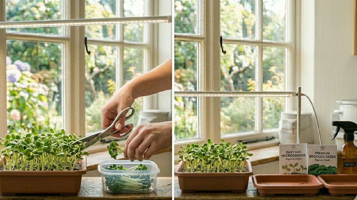 Harvest microgreens at the right time, cut with scissors, store in fridge, keep dry, handle gently for fresh, crisp, long-lasting greens.
