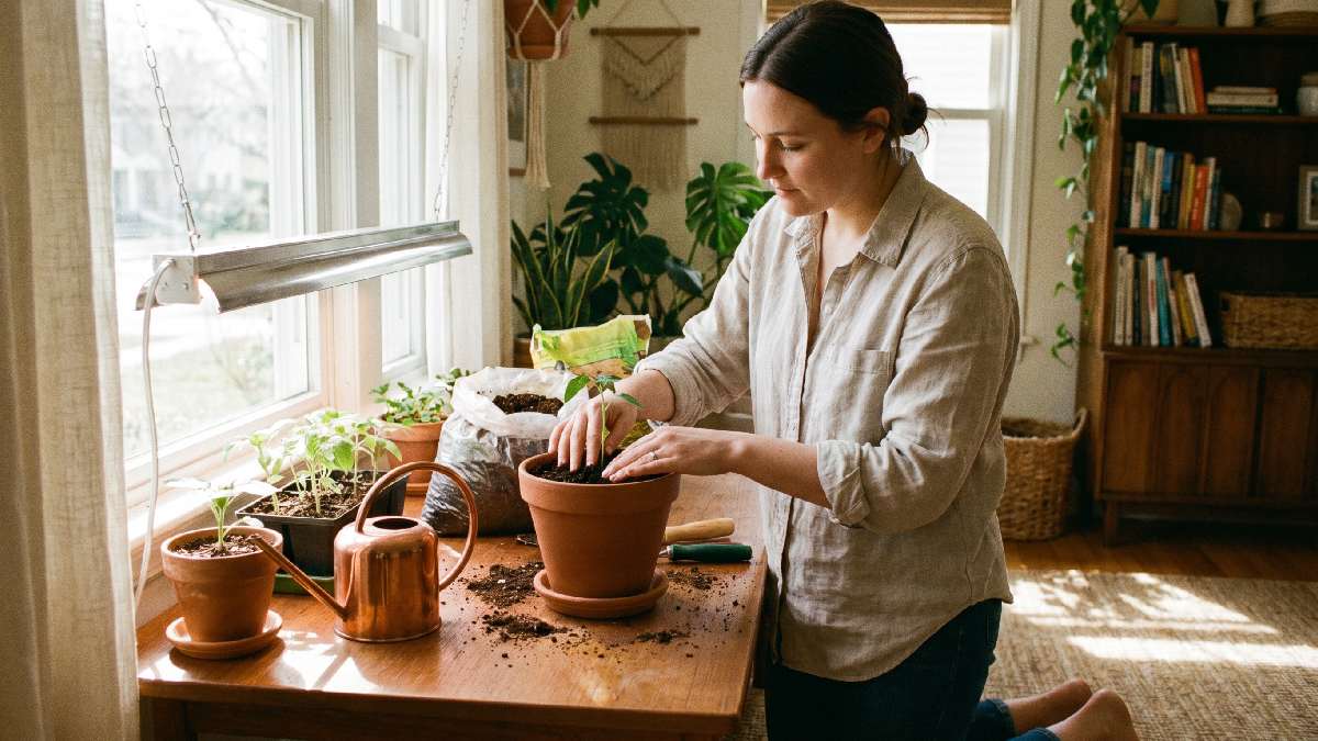 A beginner setting up small containers with seedlings and a watering can near a bright window for a simple indoor garden. 