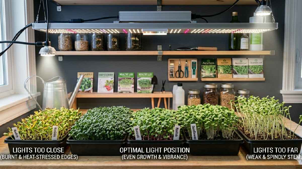 Correct LED height spacing and steady brightness create balanced, healthy microgreens, while a poor setup causes uneven, weak growth.