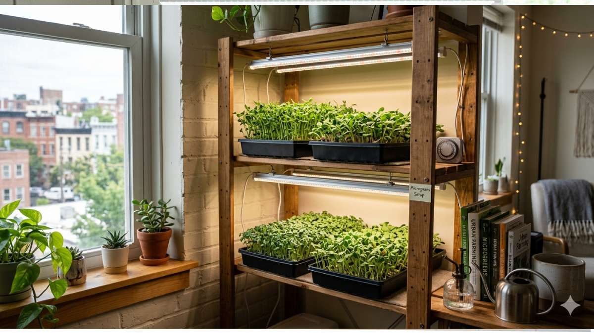 Microgreens growing in a small indoor urban space