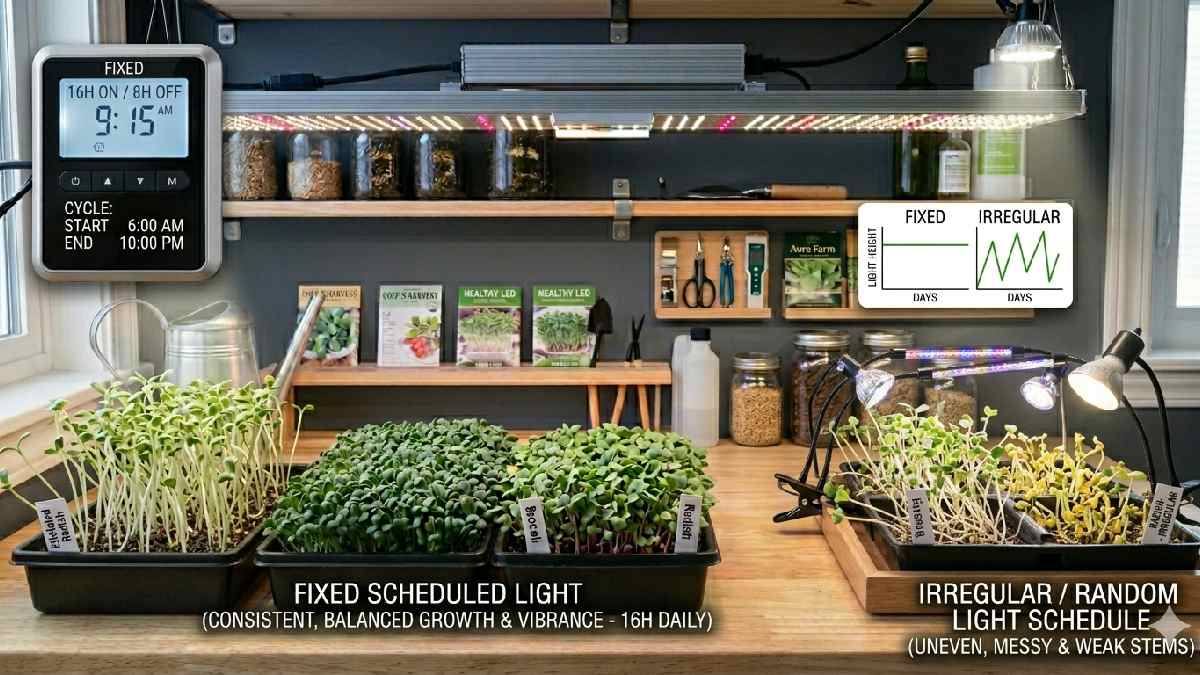 Consistent daily light timing creates strong, even microgreens, while irregular schedules cause uneven, weak growth and reduced harvest quality.