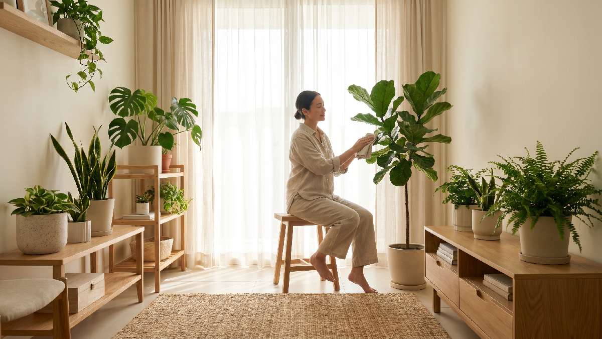 A person peacefully tending green indoor plants in a calm sunlit room promoting mindfulness and emotional well being. 