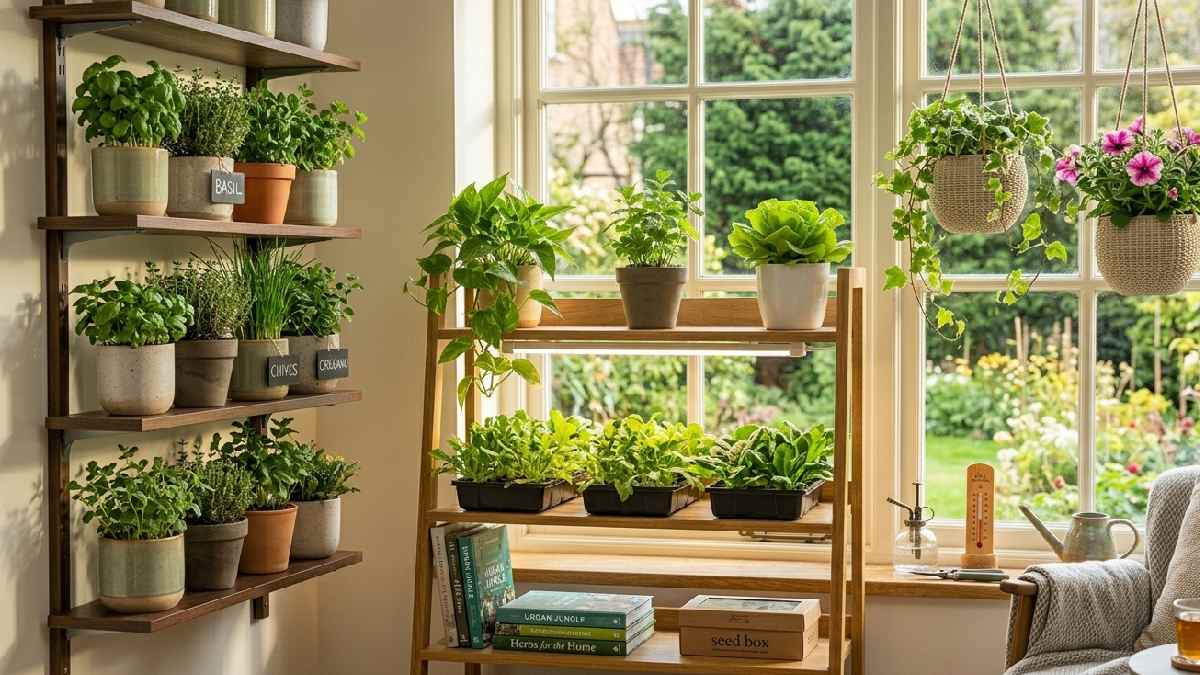 A small apartment corner with vertical shelves, hanging planters, and compact trays creating a smart space saving indoor garden. 