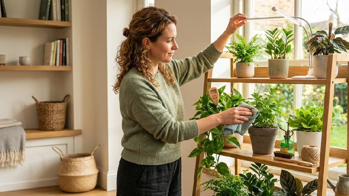 A person checking soil and adjusting grow light over healthy green potted plants during a weekly indoor garden maintenance routine. 