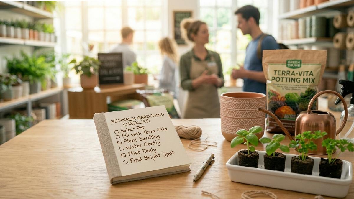 A checklist notebook beside essential indoor gardening supplies including pots, soil, watering can, and seedlings on a wooden table. 