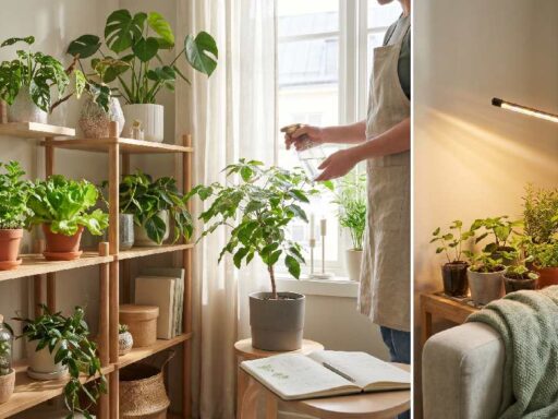 Indoor gardening guide showing easy home plants setup with herbs, vegetables, and LED grow lights for beginners in a small spaces.