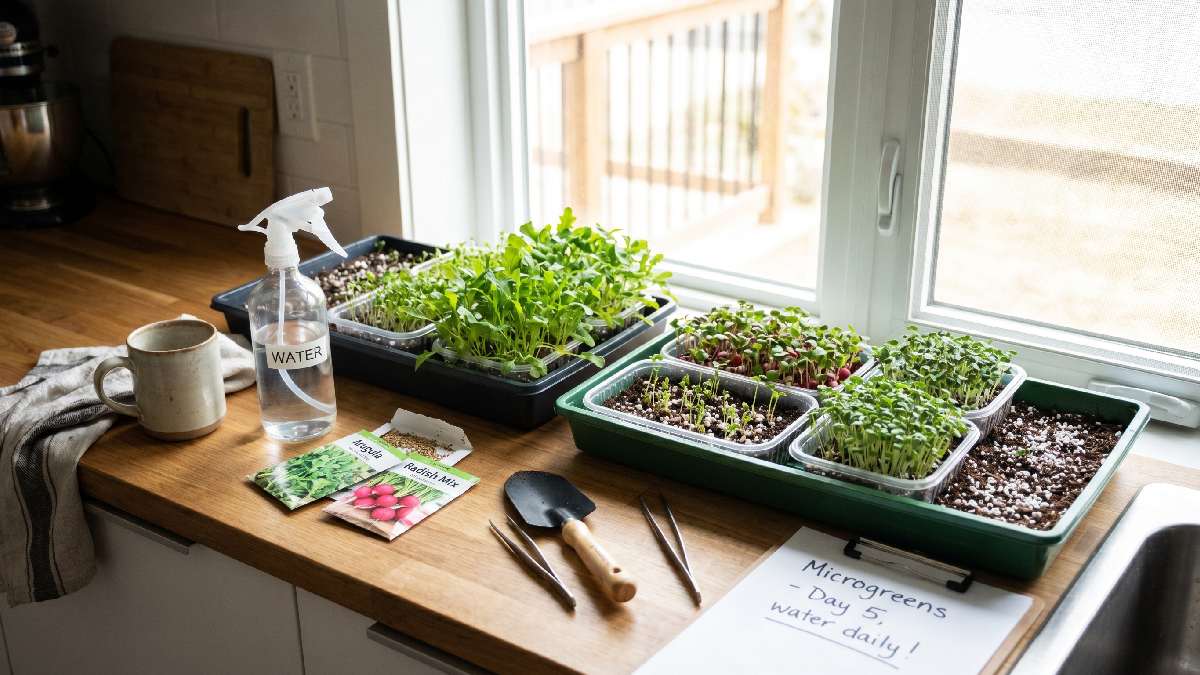 Start microgreens indoors with simple trays, light, and water. Fresh greens grow easily in small spaces with steady care.