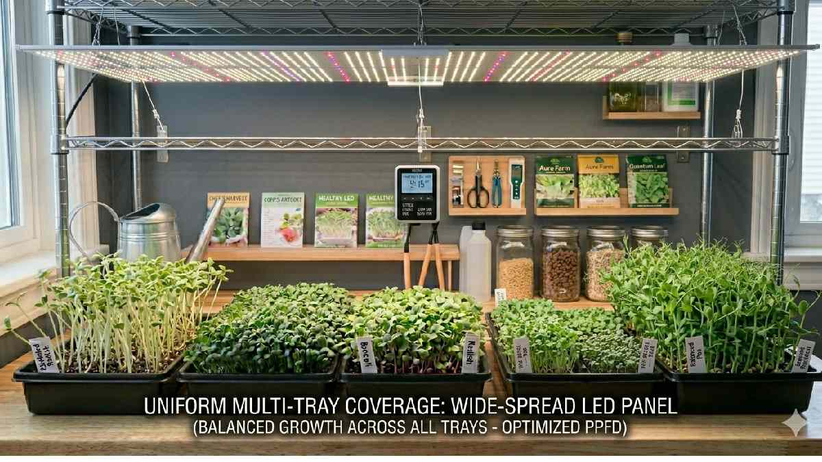 LED panel lights provide broad, even coverage for multiple trays, reducing shadows and supporting balanced indoor microgreens growth.