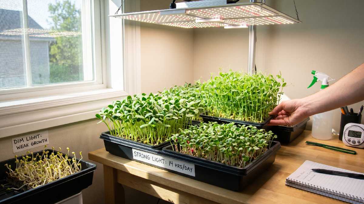 Provide twelve to sixteen hours of light daily for green compact healthy microgreens with strong stems and balanced growth.
