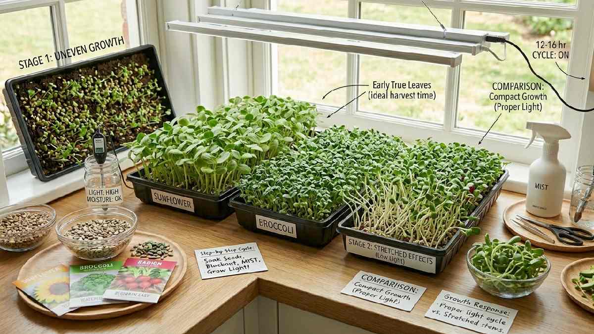 12 to 16 hours light helps microgreens grow strong. compact green rotate trays for even exposure avoid weak stretching indoors.