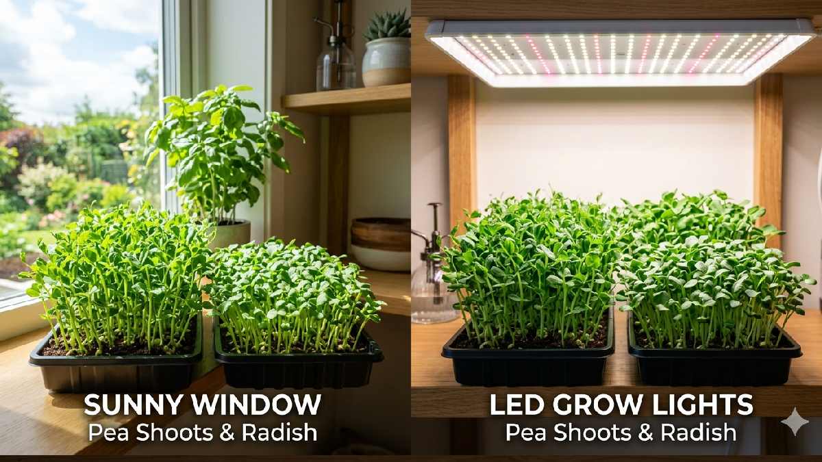 Comparison of microgreens growing in sunlight and under LED grow lights