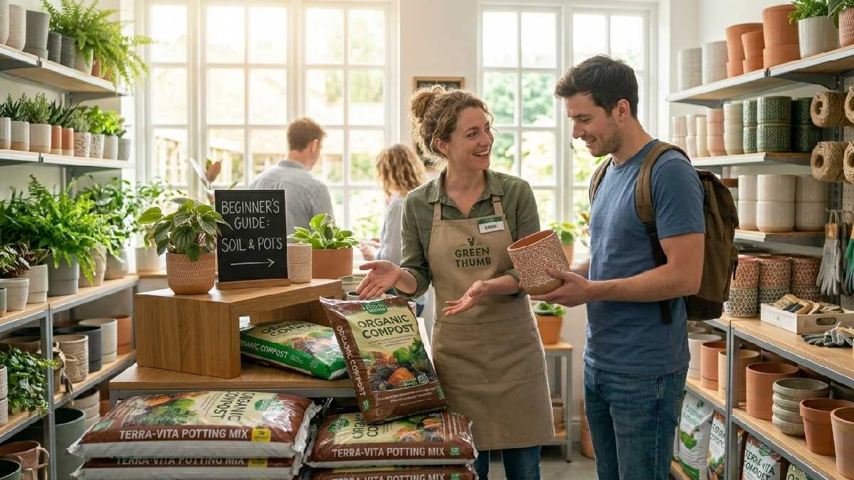 A garden center staff member helping a customer choose soil and pots inside a bright local garden store with plants on shelves. 