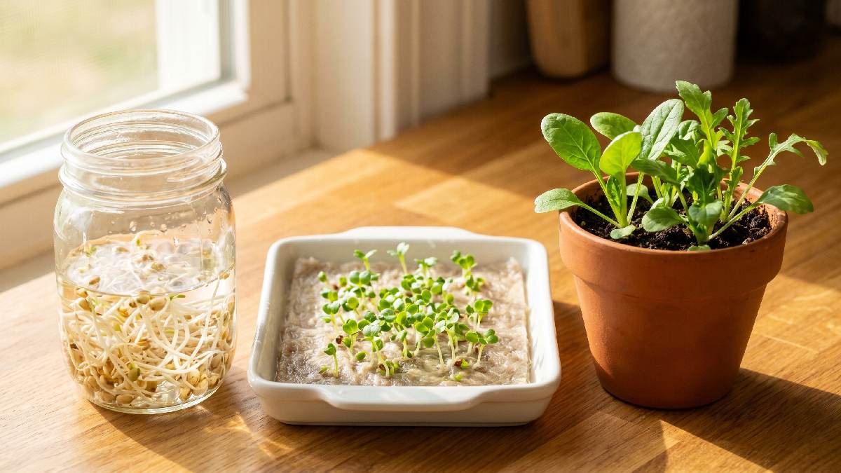 Sprouts grow in water in days, microgreens need light and medium, baby greens grow further. Each stage feels different, simple progression from seed to fuller plant growth. 