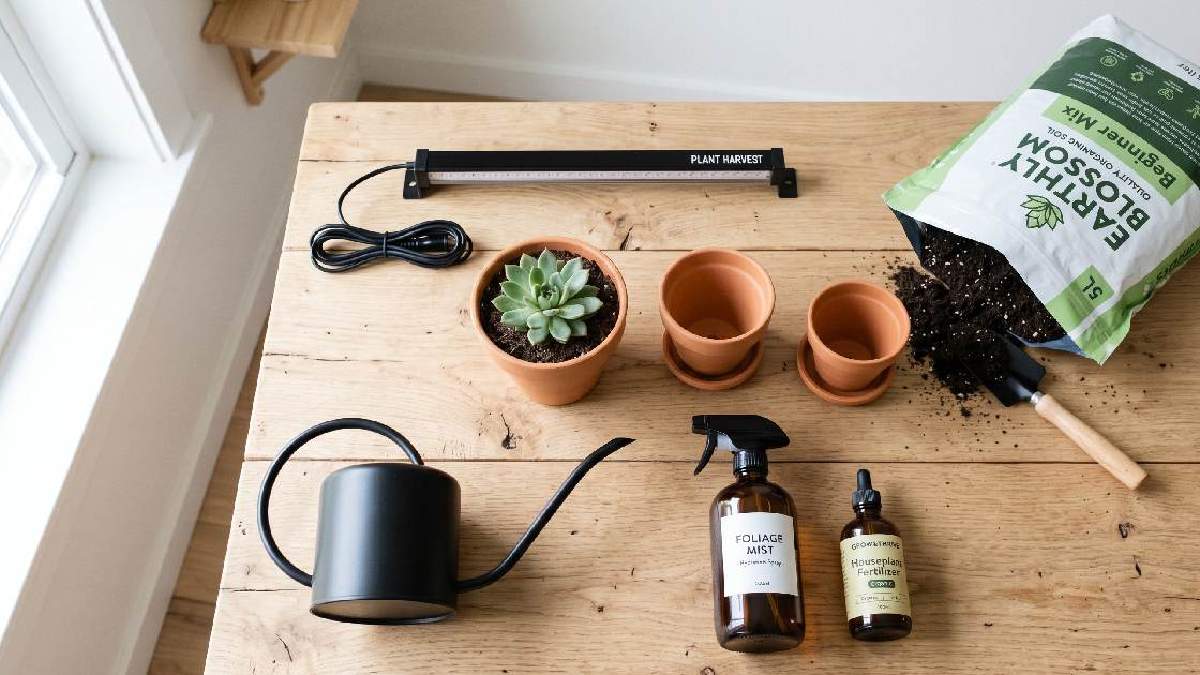 Beginner indoor gardening supplies including grow light, soil, pots, watering can, and fertilizer arranged on a wooden surface. 
