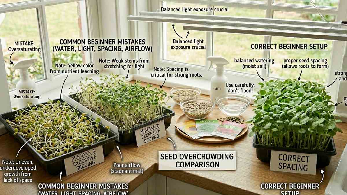 Too many seeds reduce airflow and light. Proper spacing creates healthy, uniform trays and improves the final indoor microgreens harvest.