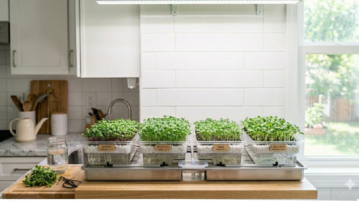 Soil-free microgreens setup with clean workspace