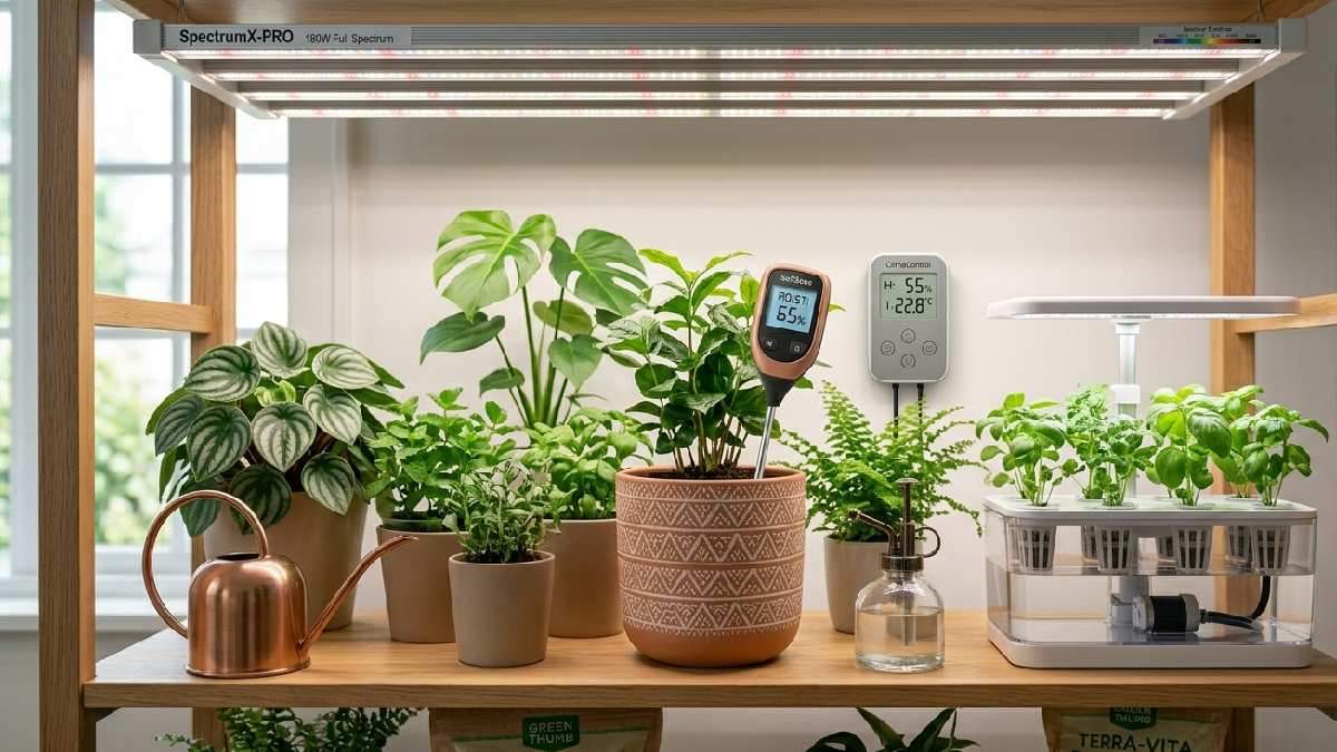 An upgraded indoor garden shelf with LED grow light, moisture meter, humidity controller, and hydroponic kit for better results. 