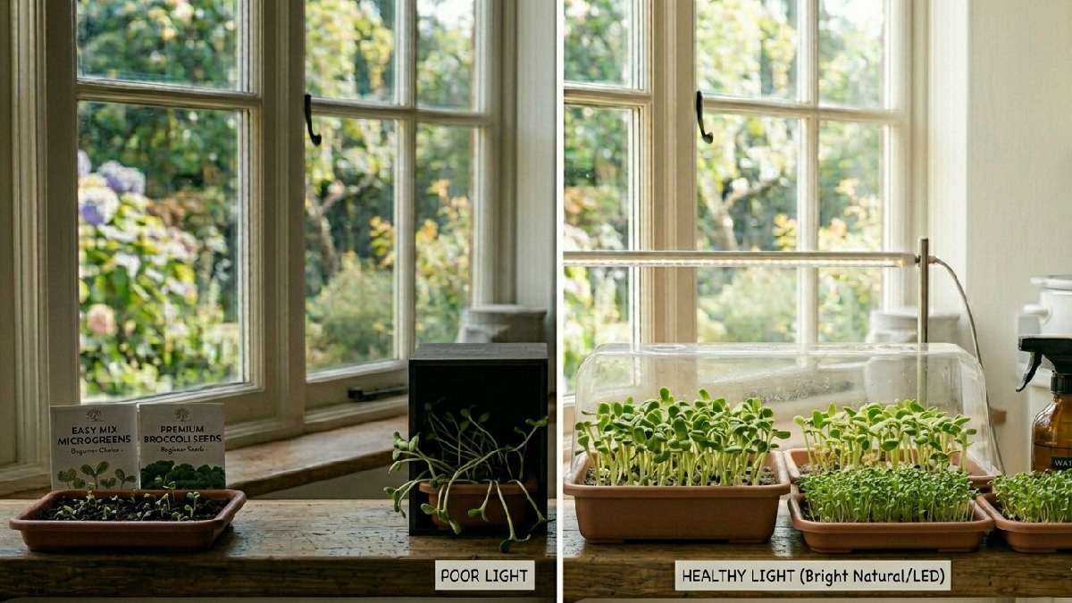 Avoid poor lighting. Microgreens need a bright window or LED light for strong green upright growth, balanced color, and healthy results always.
