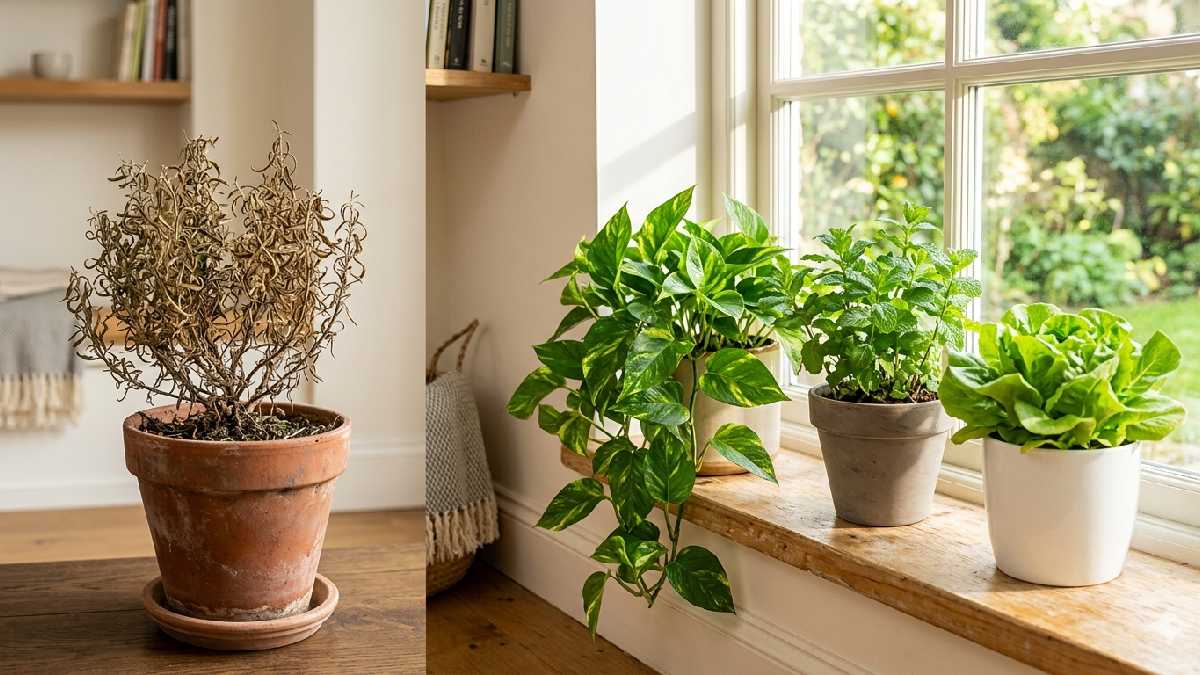 A failing outdoor plant indoors contrasted with thriving pothos, mint, and lettuce near a window showing smart plant selection. 