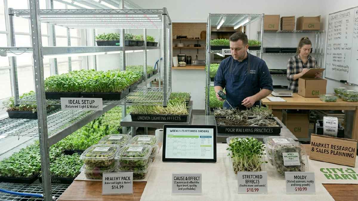 Poor watering and uneven lighting reduce quality while balanced setup creates healthy microgreens and stronger business income.