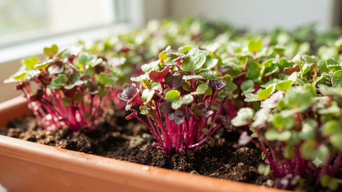 Radish microgreens with red stems growing in a tray