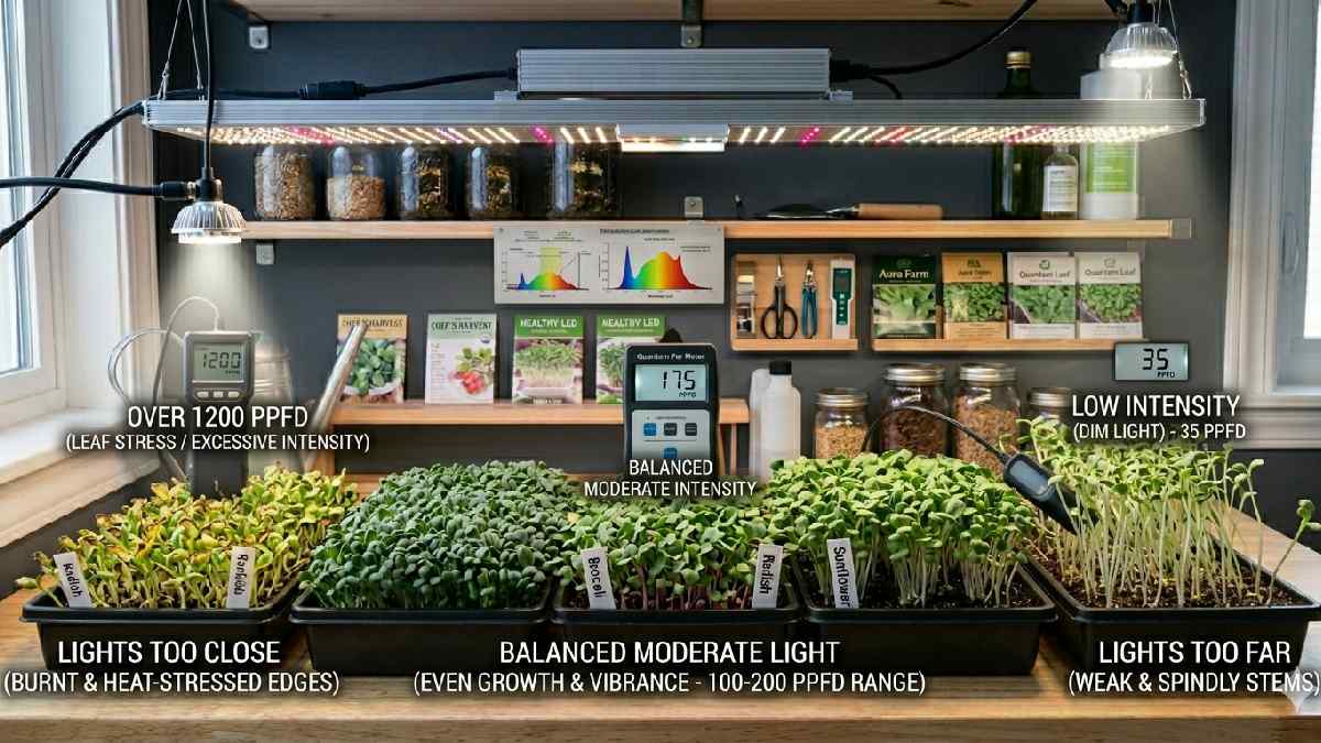 Balanced PPFD around 100 to 200 supports compact, healthy microgreens, avoiding dim, weak growth or excessive light stress.